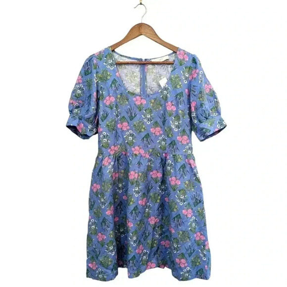 Loft Blue Floral Puff Sleeve Linen Blend Dress NEW Size 4T 4 Tall Short Sleeve - Picture 3 of 8